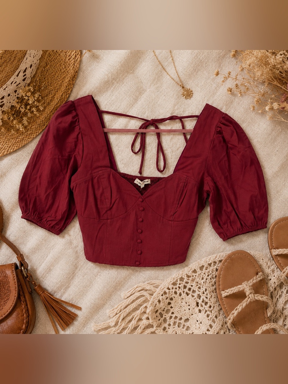 Eesome Boutique Boho Puff Sleeve Brick Red Earthy Crop Top NWT Size Medium